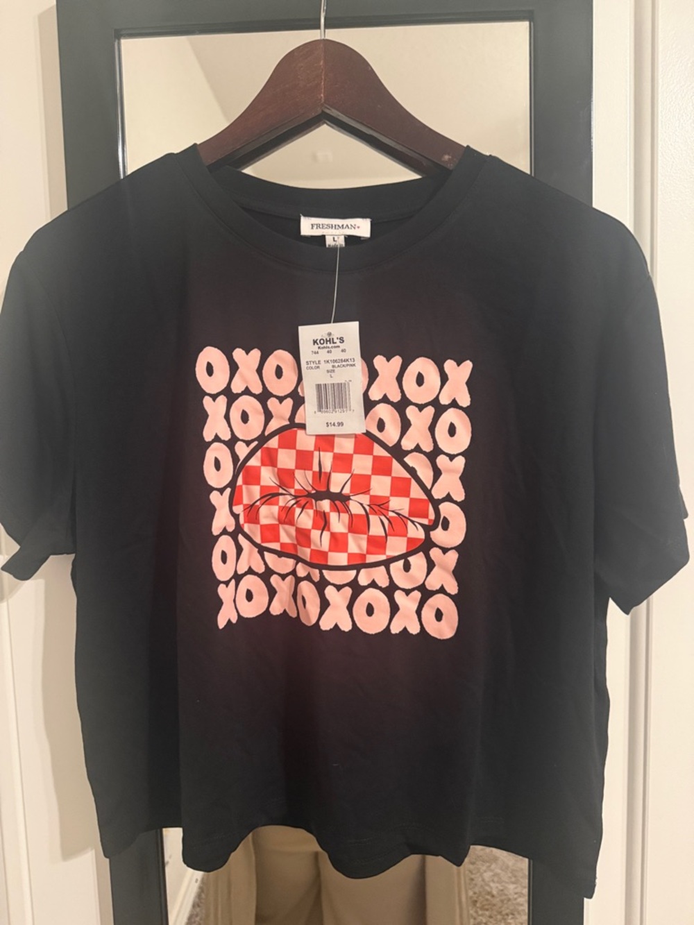 Freshman Black Tee with Pink XOXO and Red Checkered Lip Motif